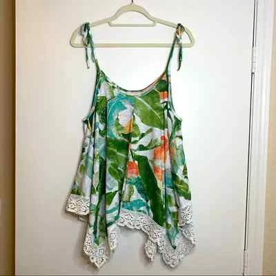 LAUREN CONRAD spaghetti strap pink,green,white blouse with lace & beads size XL - Image 1 of 4