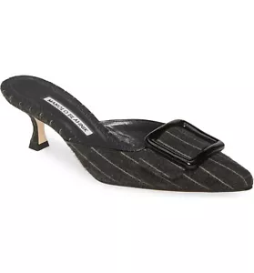 MANOLO BLAHNIK MAYSALE BUCKLE GREY STRIPED MULES SLIDES EU 40 I LOVE SHOES 50 MM - Picture 1 of 5