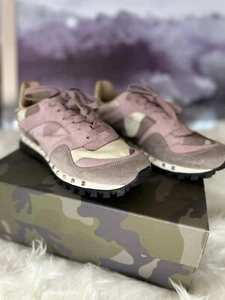 $790 VALENTINO Blush Pink Suede Rockstud Camo Women's Sneakers 37 - Picture 1 of 7