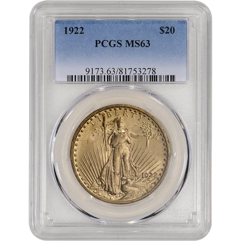 1922 US Gold $20 Saint-Gaudens Double Eagle - PCGS MS63 Cover