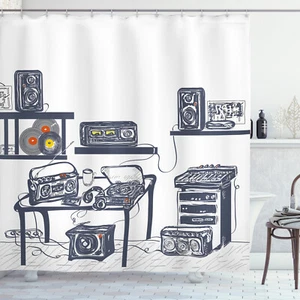 Modern Shower Curtain Music Devices Turntable Print for Bathroom - Picture 1 of 8