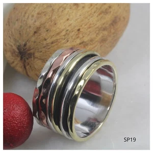 Anillo de Meditación Giratorio Banda Ancha Pesada Plata Esterlina 925 Martillado Boho  - Imagen 1 de 5