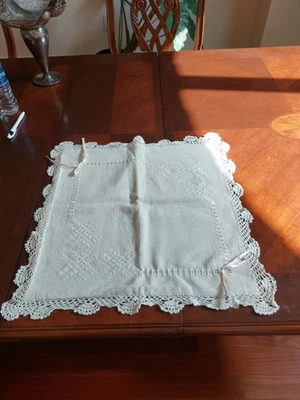 Vintage Crochet Edges Embroidered Hand Made Pillow Cover Fits Insert 16 Inches - Image 1 of 3
