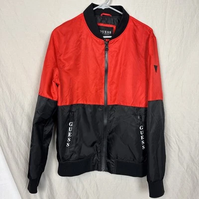 GUESS Mens MEDIUM Bomber Flight Jacket Red/Black Nylon, Lined - Image 1 of 4
