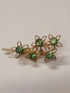 Vintage Gold Tone Clear & Green Rhinestone Floral Flowers Plant Brooch Pin - Picture 1 of 3