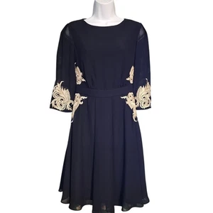 Ted Baker Women's 1 Black Chiffon and Gold Embroidered Fit & Flare Dress US 4 - Picture 1 of 14
