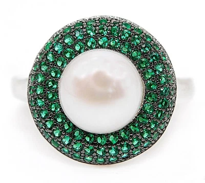 1CT Fresh Water Pearl & Treated Emerald 925 Sterling Silver Ring Sz 6 MM6-7 - Image 1 of 3