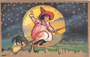 1909 Girl With Black Cat on Broom & Full Moon Jolly Halloween post card - Picture 1 of 2