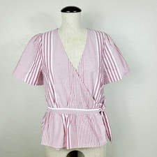Madewell Ruffle-Hem Wrap Top M Red White Striped Short Sleeve V-Neck Shirt NEW