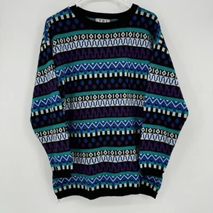 90s Geometric Sweater Colorful Blue Purple Aqua Knit Toi Men’s Size Medium? - Picture 1 of 7