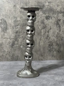 16" Skull Stacked Pillar Candle Holder Metallic Nickel Finish Halloween Goth  - Picture 1 of 10