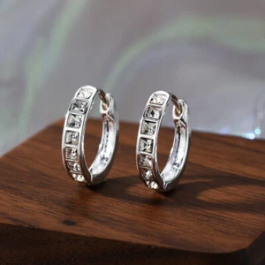 925 Sterlingsilber Quadrat CZ Huggie Creolen 12 mm Damen Herren Geschenk 1 Paar USA - Bild 1 von 14