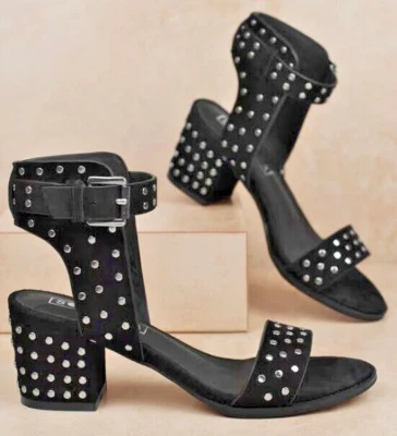 全新 SOL SANA PORTER 3 英寸 WRAPPED STUDDED BLOCK HEEL ANKLE STRAP 皮革麂皮绒 DRES — 第 1/4 张图片