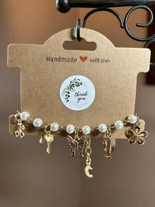 Gold Charm Bracelet 90s Vintage Style Pearl Beads Happy Face Butterfly More! - Picture 1 of 6
