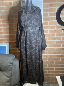 Divine Avenue Size 18 Long Sleeve Maxi Dress Black w Flower Print Waist Belt - Picture 1 of 7