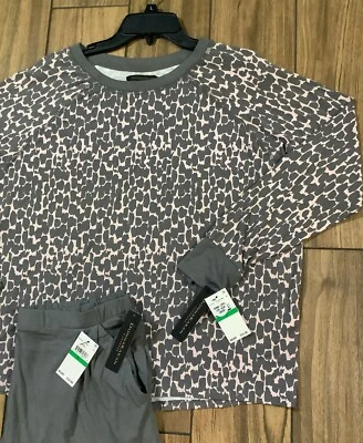 Conjunto de Dormir Donna Karan Talla L Tejido Modal Manga Larga Estampado Animal Top/Pantalones Grises Foto 1 de 4