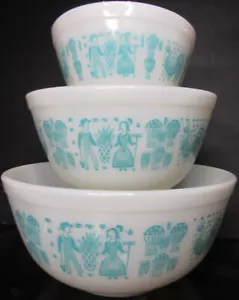 Pyrex Türkis auf Weiß Butterprint Cinderella Rührschüssel Set 3 Amish 01 02 03 - Bild 1 von 24