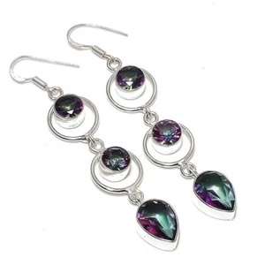 Mystic Topaz Gemstone 925 Sterling Silver Jewelry Earrings Size 2.50" - Picture 1 of 1