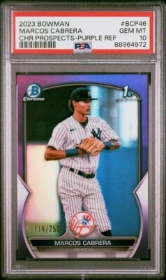 2023 Bowman Chrome Prospect #BCP-46 Marcos Cabrera - Purple Refr. /250 PSA 10 - Image 1 of 2