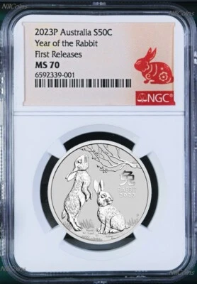 2023 P Australia Silver Lunar Year of the RABBIT NGC MS 70 1/2oz Bullion Coin FR - Image 1 of 2