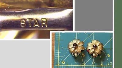 Vintage Star Flower Clip On Earrings Goldtone Floral Faux Purple and Pearl Stone - Image 1 of 4