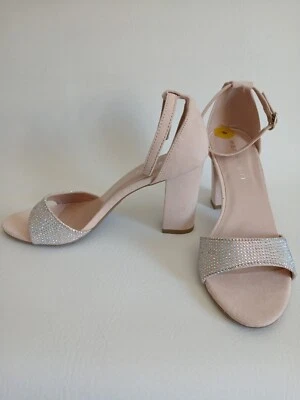 Mujer Madden Girl Desnudo Imitación Gamuza Punta Abierta Correa Cristal 3" Tacón Ancho Talla 8M Foto 1 de 4