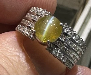 Wonderful 2.55ct Chrysoberyl Cat’s Eye & Diamond Platinum Ring - Picture 1 of 7