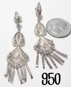 Gorgeous Vintage 950 Fine Silver Filigree Dangle Stud Pierced Earrings 2 5/8" - Picture 1 of 2