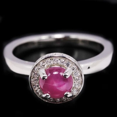 925 STERLING SILVER NATURAL PINK RED RUBY ROUND CABOCHON & WHITE CZ  RING SIZE 7 - Image 1 of 4