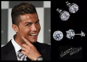 Orecchini Uomo/Adolescente: Ronaldo 10mm Placca Oro Bianco 18ct Cristallo Diamante - Foto 1 di 4