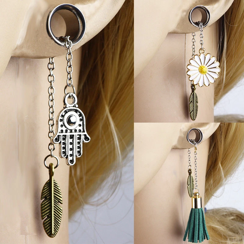 2X Flesh Tunnel Feder Sonnenblume Ohr Plug Double Flared Kette Anhänger Piercing - Bild 1 von 4