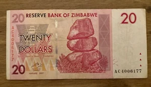 Zimbabwe Banknote. 20 Dollars. Dated 2007. Circulated Note. - Picture 1 of 3