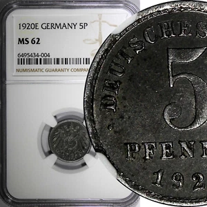 Germany - Empire Iron 1920 E 5 Pfennig Better Date NGC MS62 TOP GRADED KM# 19(4) - Picture 1 of 4