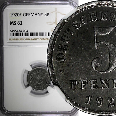 Germany - Empire Iron 1920 E 5 Pfennig Better Date NGC MS62 TOP GRADED KM# 19(4) - Image 1 of 4
