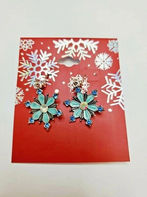 Kohl's Women's Christmas French Wire Drop Earrings Blue Snowflakes W Rhinestones - Image 1 of 2