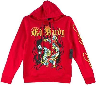 NUEVO Ed Hardy Para Hombre Dragón Tatuaje Rojo Polar Pullover Sudadera con Capucha Talla XL Foto 1 de 4