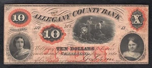 1860 $10 THE ALLEGANY COUNTY BANK CUMBERLAND, MD BANCONOTA OBSOLETA - Foto 1 di 2