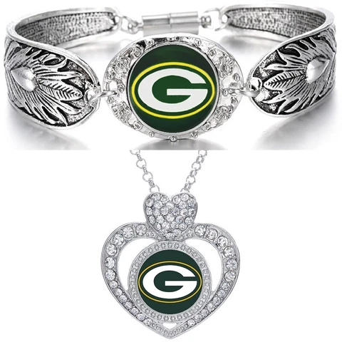 Valentines 2Pc Green Bay Packers Womens Sterling Silver Necklace Bracelet Set Cover
