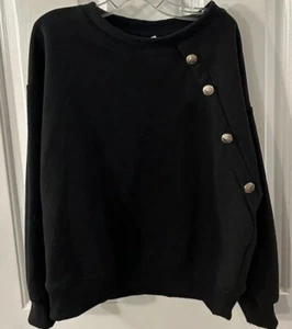 Zara Girl’s Size 8 Solid Black Sweatshirt Pullover Brass Buttons Fleece Lined - Picture 1 of 7