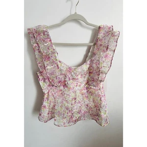 Wildfox Women's Top Size M White Pink Floral Ruffle Sleeveless Blouse Shirt - Picture 1 of 9