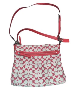 Coach Signature Crossbody Bag Red And Tan Purse Poppy Perri Hobo Two Straps - Picture 1 of 13
