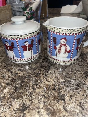 Sakura Snowman Covered Sugar Bowl & Creamer Debbie Mumm - Image 1 of 4