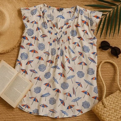 Talbots Petite Small Beach Umbrella Coastal Blouse White Cap Sleeve - Image 1 of 4