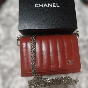 CHANEL Luxury Line Red Wallet on Chain Gold Coco Mark Crossbody Purse Used Japan - Picture 1 of 19