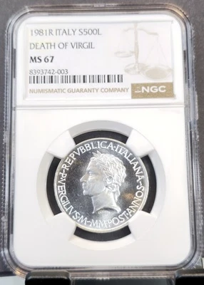 1981 ITALY SILVER 500 LIRE DEATH OF VIRGIL NGC MS 67 SCARCE SMOOTH GEM LUSTER - Image 1 of 3