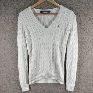 Maglione Ralph Lauren Sport maglia a cavo donna taglia media panna scollo a V logo golf - Foto 1 di 11