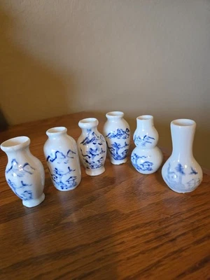Set of 6 Miniature Chinese Vases Landscape Designs Blue & White Porcelain 2.5" - Image 1 of 4