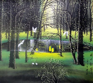 quadro originale arte cinese 100% 25x25 dipinto a mano-gru danza,paesaggio - Foto 1 di 1