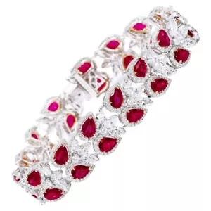 935 Silver With Halo Style Red Pear Ruby & White Round Sapphire Tennis Bracelet - Picture 1 of 6