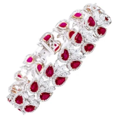 935 Silver With Halo Style Red Pear Ruby & White Round Sapphire Tennis Bracelet - Image 1 of 4
